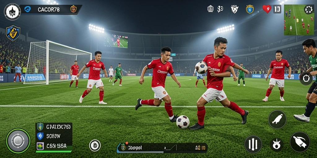 Screenshot gameplay menampilkan aksi pemain dalam pertandingan sepak bola.