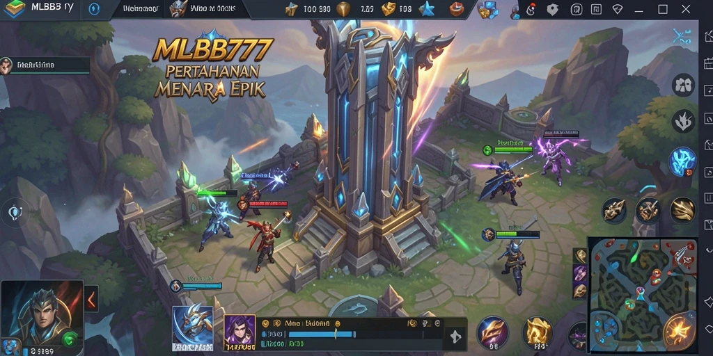 Screenshot utama gameplay MLBB777 dengan menara pertahanan strategis.