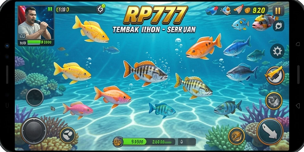 Tampilan gameplay seru Tembak Ikan RP777 dengan aksi menembak ikan.