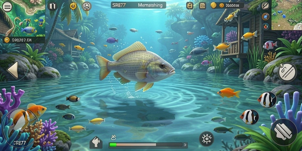 Tampilan gameplay SR877 dengan aktivitas memancing yang menarik.