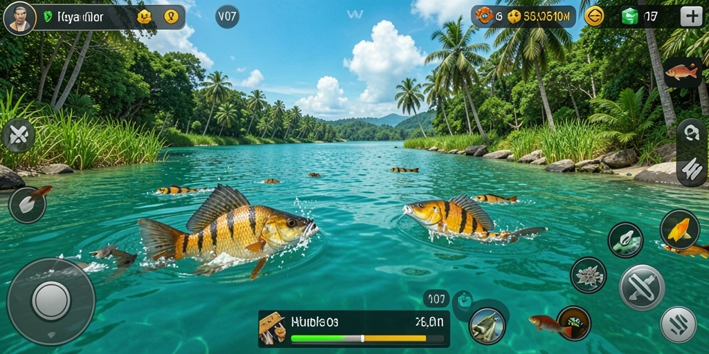 Tampilan gameplay V07 dengan aktivitas memancing yang seru.