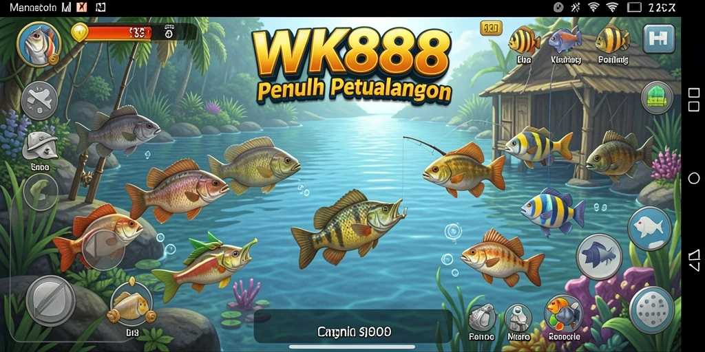 Tampilan gameplay WK888 dengan berbagai ikan dan peralatan memancing.